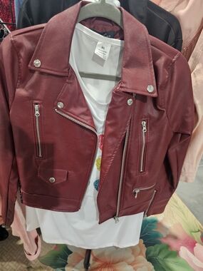 Womens Burgundy Faux Leather Moto Jacket